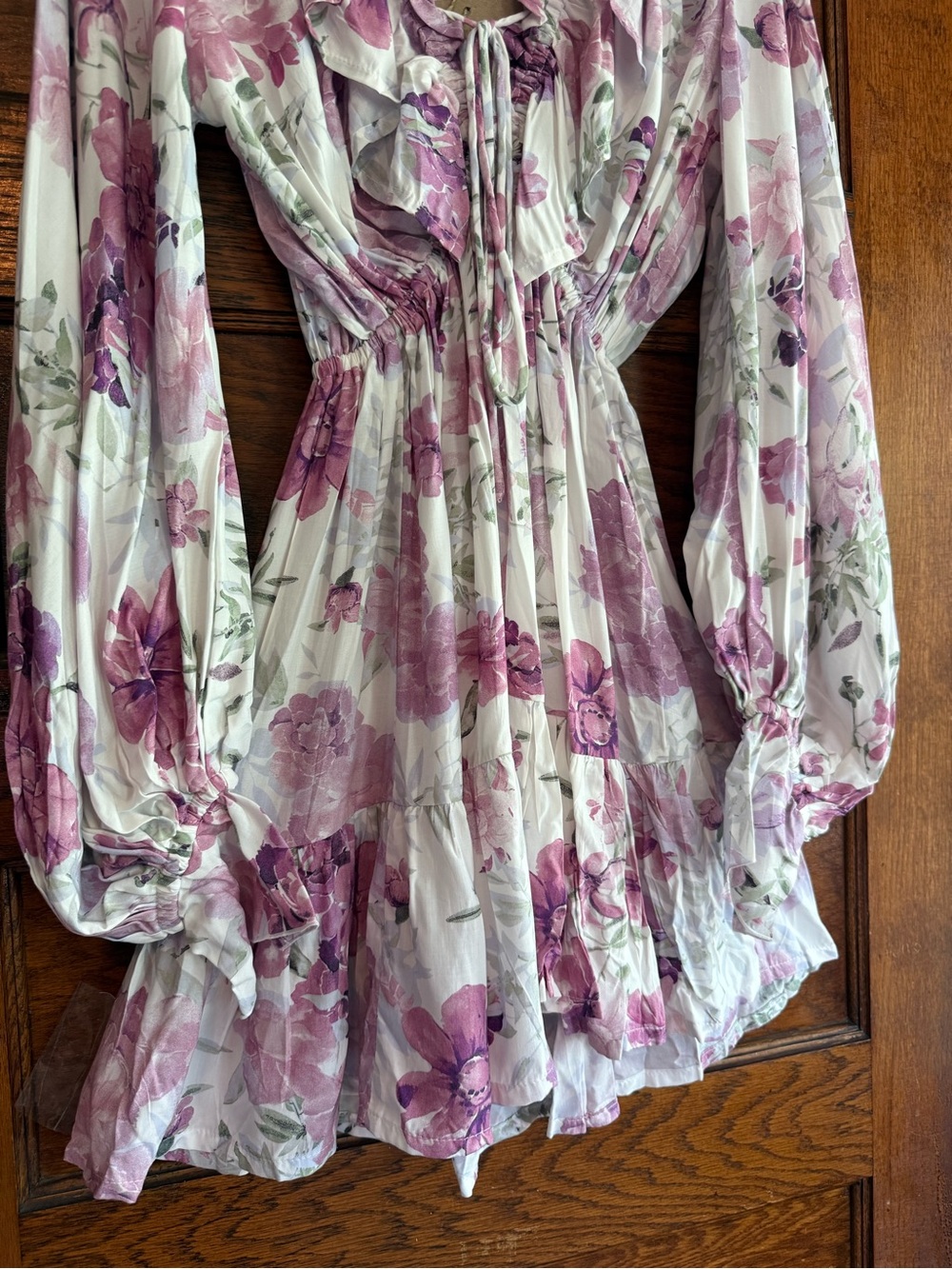 NWT BALI ELF Balloon Sleeve Ruffle V Neck Mini Dress Flowy Floral Alice US M - Picture 7 of 16